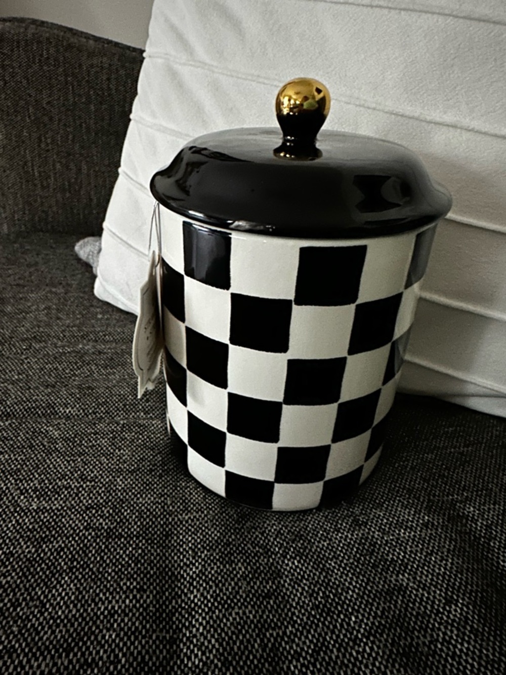 Black and White Checkered Ceramic Canister Jar Courtly Check Gold Knob New